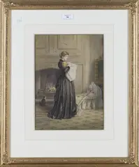 Lullaby, a Young Lady holding a Baby beside a Fire by George Goodwin Kilburne, watercolour, sold Sep 2018