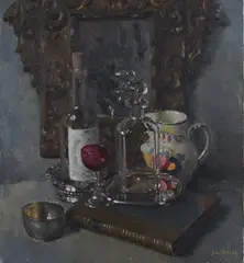 Still Life with Mirror, Decanter, Book and Jug by John Codner, oil on canvas, sold Sep 2018