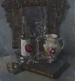 John Codner, Still Life with Mirror, Decanter, Book and Jug, oil on canvas