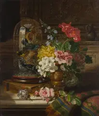 John Wainwright, Still Life of a Flower-charged Urn beside a Dome of Taxidermized Birds, 1866, oil on canvas