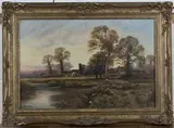 Joshua Renshaw, River Landscape with Shepherd and Flock, a Village beyond, oil on canvas