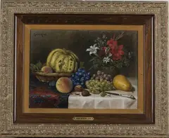 Max Schödl, Still Life of Flowers, Grapes, Walnuts, Pear, Peaches and a Knife on a Table, 1896, oil on panel
