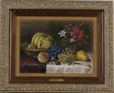 Max Schödl, Still Life of Flowers, Grapes, Walnuts, Pear, Peaches and a Knife on a Table, 1896, oil on panel
