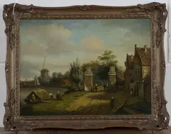 Johan Willem Josefs, Landscape Scene on a Busy Dutch Waterway, with Figures and Gateway, oil on panel