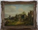 Johan Willem Josefs, Landscape Scene on a Busy Dutch Waterway, with Figures and Gateway, oil on panel