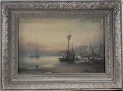 William Anslow Thornbery, Harbour Scene with Fishing Boats and Figures, possibly Whitby, oil on canvas