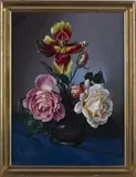 Frederick Victor Bailey, Still Life of Roses and a Tulip in a Vase, oil on board