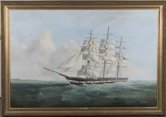 Bernard Page, Sailing Vessel off a Coastline with Hills and Fort, oil on canvas