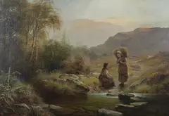 Charles Stuart, Highland Landscape with Two Girls upon a Path beside a Stream, with Woodland and Hills beyond, oil on canvas