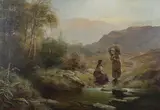 Charles Stuart, Highland Landscape with Two Girls upon a Path beside a Stream, with Woodland and Hills beyond, oil on canvas