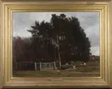 John Buxton Knight, Drawing Cover' (Landscape with Huntsman and Hounds), oil on canvas