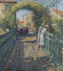 Landscape with a Couple upon a Wooden Bridge, a Vintage Alfa Romeo and Village beyond by Alan Fearnley, oil on canvas, sold Jun 2018