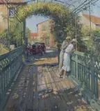 Alan Fearnley, Landscape with a Couple upon a Wooden Bridge, a Vintage Alfa Romeo and Village beyond, oil on canvas