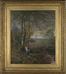 Sidney Pike, Three Children in a Landscape with Silver Birch Trees, oil on canvas