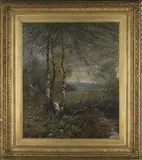 Sidney Pike, Three Children in a Landscape with Silver Birch Trees, oil on canvas