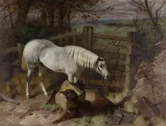 Harry Hall, Waiting for Master' (Grey Horse tethered to a Bar Gate beside a Recumbent Dog), 1862, oil on canvas