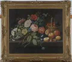 P. Elliott, Still Life with Basket of Fruit, Flowers and Nest, 1818, oil on canvas