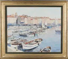 Claude Jousset, Soleil couchant sur St. Tropez, les Barques de Pêche, oil on canvas