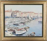 Claude Jousset, Soleil couchant sur St. Tropez, les Barques de Pêche, oil on canvas