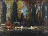 Thomas Edwin Mostyn, Garden Scene with Fountain, oil on canvas