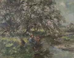 William Stewart MacGeorge, Two Girls sitting on a Riverbank, shaded by a Tree in Blossom, oil on canvas