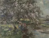 William Stewart MacGeorge, Two Girls sitting on a Riverbank, shaded by a Tree in Blossom, oil on canvas