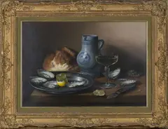 Brian Davies, Still Life with Oysters, Lemon, Bread and Wine, oil on canvas