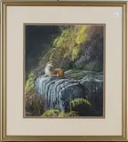 Jeremy Paul, Otter in a River Landscape, watercolour with gouache