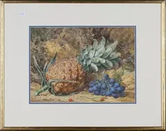 Thomas Frederick Collier, Still Life of Pineapple, Grapes and Rose Hips on a Mossy Bank, 1871, watercolour