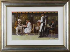 John Haskins, Lunch at Café Rosso, oil on board