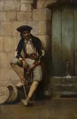 Man wearing Traditional Costume and holding a Whip, seated beside a Fountain by M.C. Cope, oil on canvas, sold Jun 2018