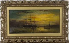 William Adolphus Knell, Coastal Scene with Boats at Sunset, oil on canvas