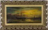 William Adolphus Knell, Coastal Scene with Boats at Sunset, oil on canvas