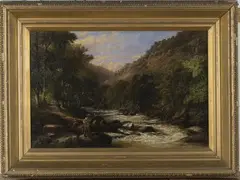 Frederick Foot, Fishermen on a Devon Riverbank, possibly the East Lyn, oil on canvas