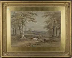 Henry Earp, Landscape with Woodmen resting, Windsor Castle in the distance, watercolour