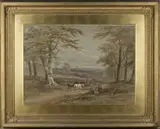 Henry Earp, Landscape with Woodmen resting, Windsor Castle in the distance, watercolour
