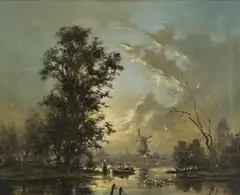 Dutch View with Figures in a Rowing Boat by Gudrun Sibbons, oil on canvas, sold Mar 2018