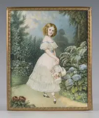 Alfred Edward Chalon, Miniature Portrait of a Young Girl wearing a White Dress with Blue Ribbons within a Garden Setting, watercolour on ivory