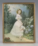 Alfred Edward Chalon, Miniature Portrait of a Young Girl wearing a White Dress with Blue Ribbons within a Garden Setting, watercolour on ivory