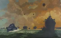 Leslie Carr, Royal Navy Ships, some with Dazzle Camouflage, with Barrage Balloons, oil on canvas