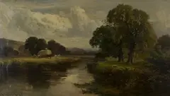 John Horace Hooper, Haymaking on the Wey, near Godalming, oil on canvas