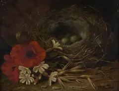 John FitzMarshall, Still Life with Bird's Nest and Flowers, oil on panel