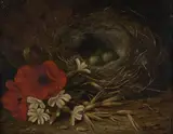 John FitzMarshall, Still Life with Bird's Nest and Flowers, oil on panel