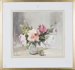 Edward Wesson, Still Life of Roses in a Glass Vase, watercolour over pencil traces