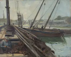 Fisherman mending Nets on a Boat, a Harbour beyond by Patrick William Orr, oil on canvas, sold Nov 2017