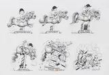Norman Thelwell, Grand Metropolitan Trials, showing a Girl on a Pony jumping Business Hurdles, pen and ink illustration