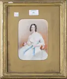 E. Harding, Three-quarter Length Portrait of a Lady wearing a White Dress with Blue Ribbons, 1846, watercolour on ivory