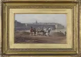 J.F. Anderson, Vraickers on a Beach, with Harbour Wall and Town beyond, probably Saint-Malo, Brittany, oil on canvas