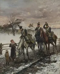 Jan Chełmiński, Napoleonic Officers on Horseback in a Winter Landscape, oil on panel