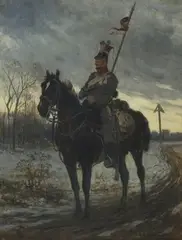 Jan Chełmiński, Polish Light Cavalry Lancer on Horseback, 1878, oil on panel